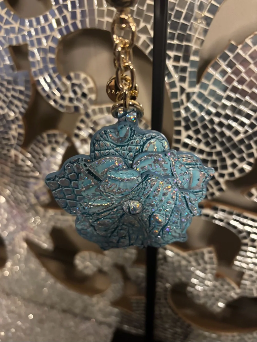 ⭐️Brahmin Teal Floral Embossed Leather Key & Card Holder with Gold Hardware